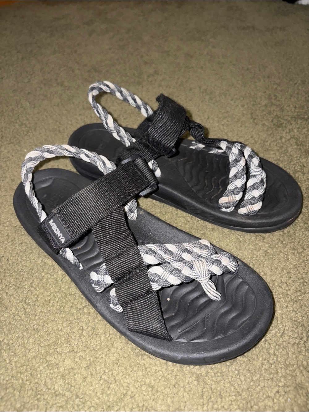 MEGNYA Black Sandals with Gray and Black Braided Straps